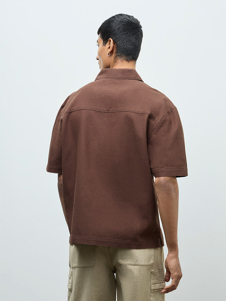 Nuon Brown Relaxed-Fit Cotton Quarter-Zip T-Shirt