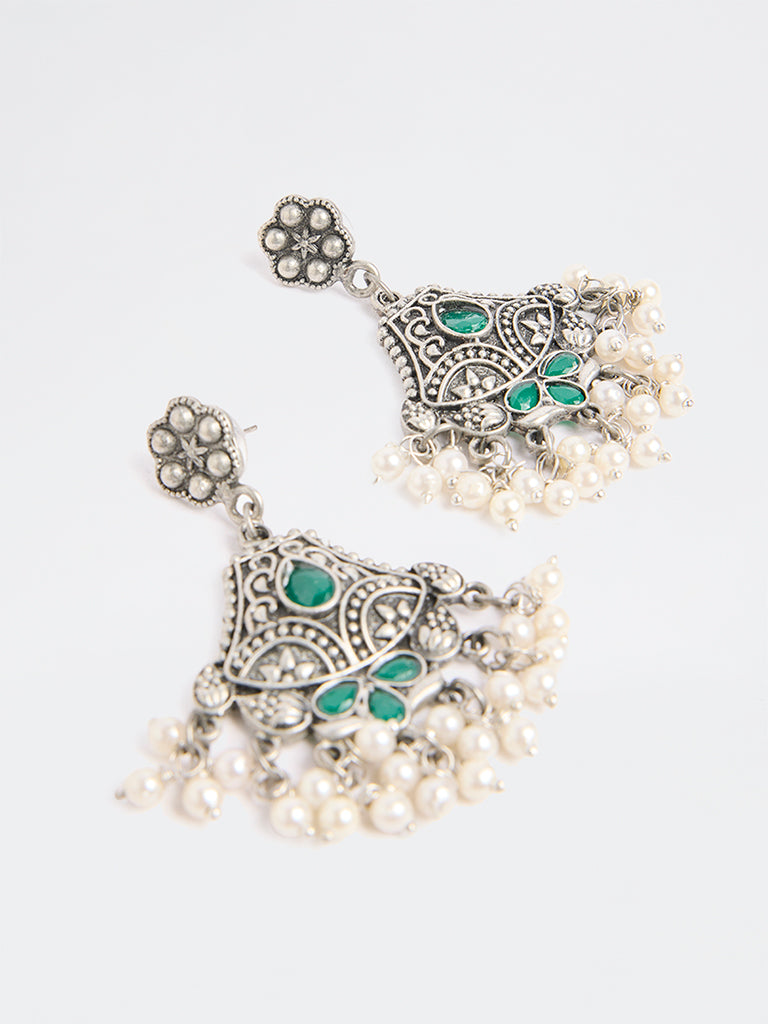 Westside Accessories Silver Oxidised Pearl Jhumki Earrings