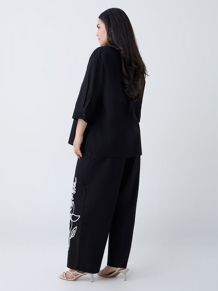 Gia Black Floral Embroidered Cotton-Blend Trousers