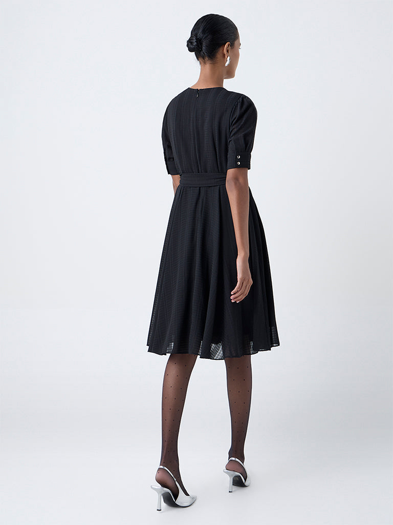 Wardrobe Black Solid Wrap-Style Dress with Belt