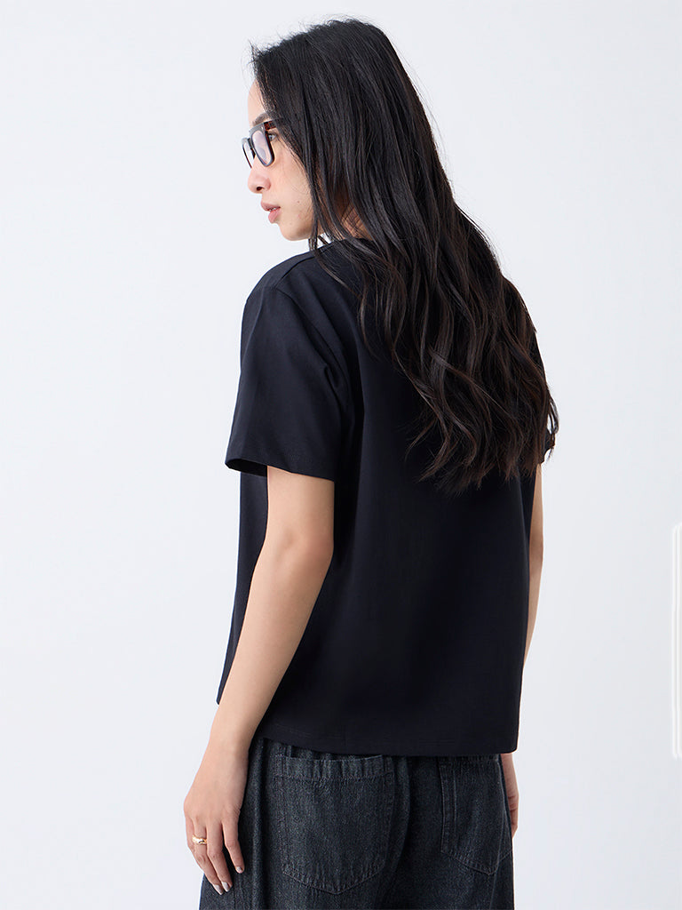 LOV Black Solid Cotton T-Shirt
