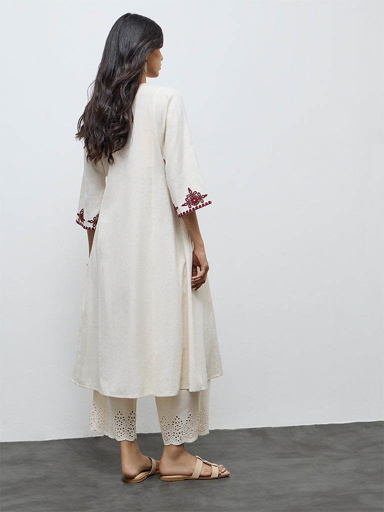 Utsa Light Beige Embroidered Cotton-Blend A-Line Kurta