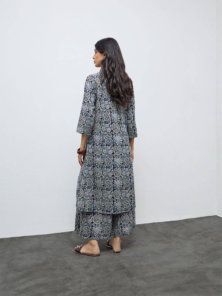Utsa Blue Floral Printed A-Line Kurta