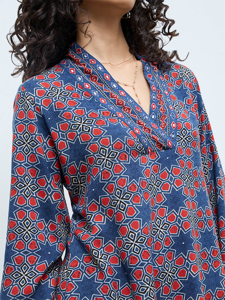 Utsa Indigo Geometric Printed Cotton Tunic