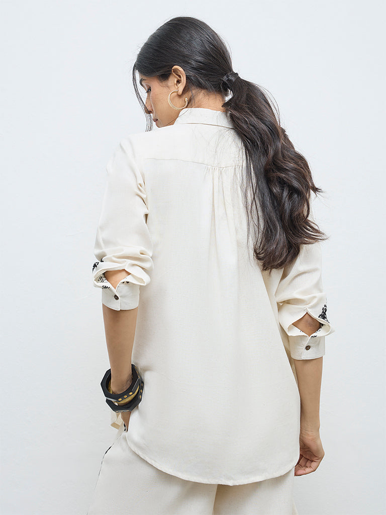 Utsa Off-White Floral Embroidered Cotton-Blend Tunic