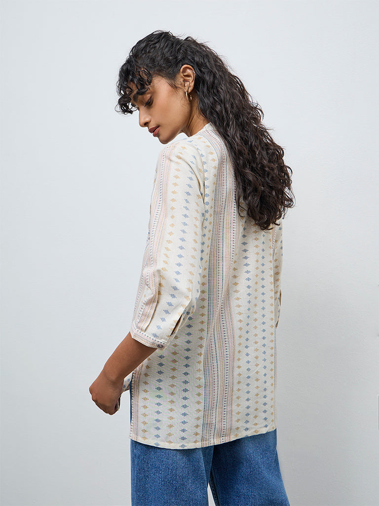 Utsa Cream Floral Embroidered Cotton-Blend Tunic