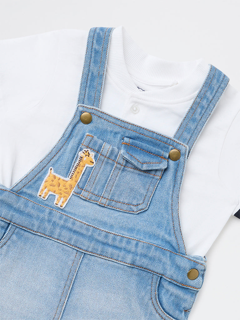 HOP Baby Boys Blue Embroidered T-Shirt and Denim Dungaree Set