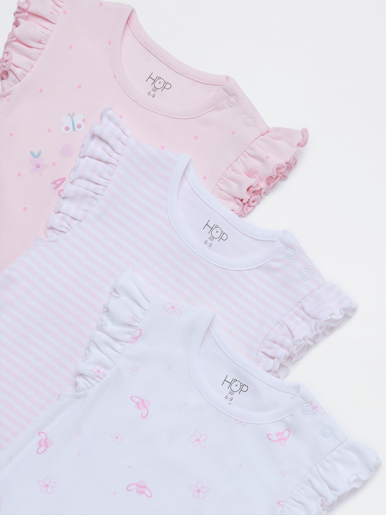 HOP Baby Girls Pink Printed Cotton Rompers - Pack of 3