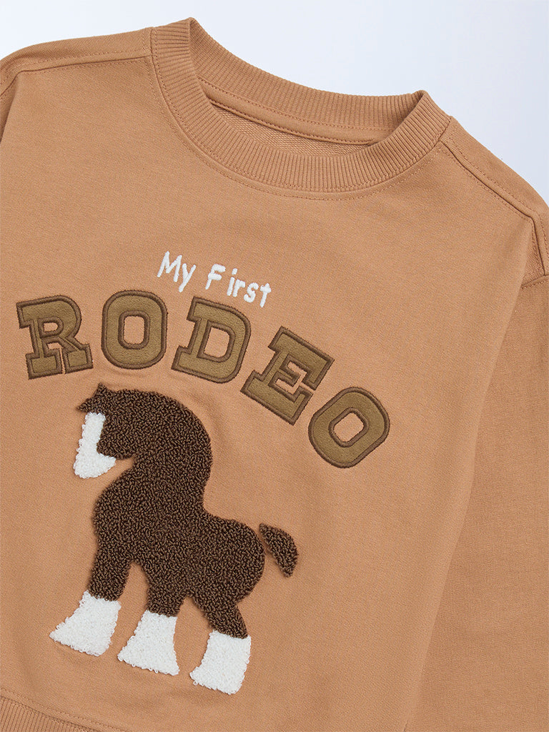 HOP Kids Boys Light Brown Embroidered Cotton-Blend Sweatshirt