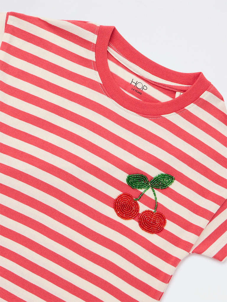 HOP Kids Girls Red Stripe Printed Cotton T-Shirt