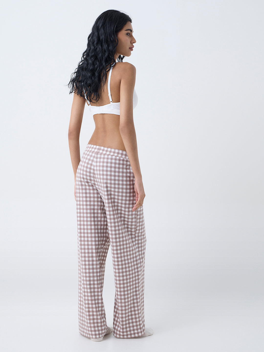 Superstar Brown Checks Detailed High-Rise Cotton-Blend Pants