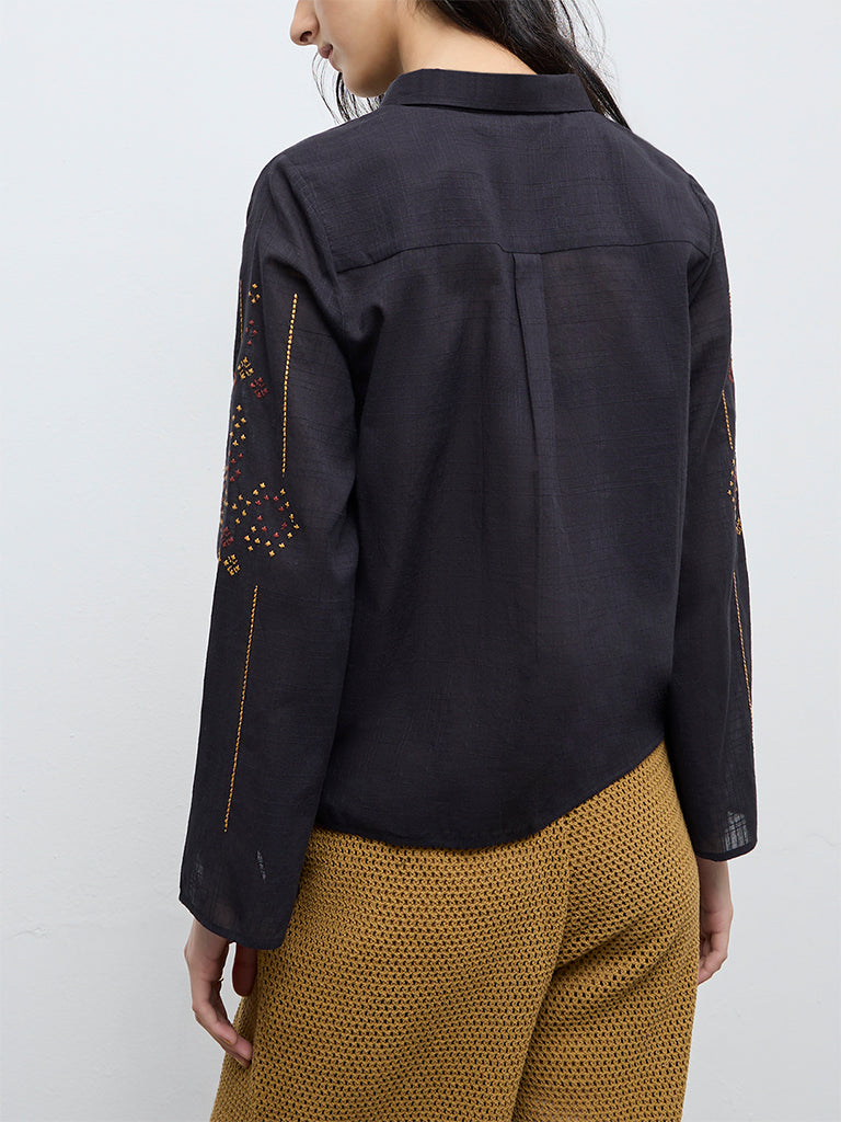 Bombay Paisley Black Embroidered Cotton Shirt