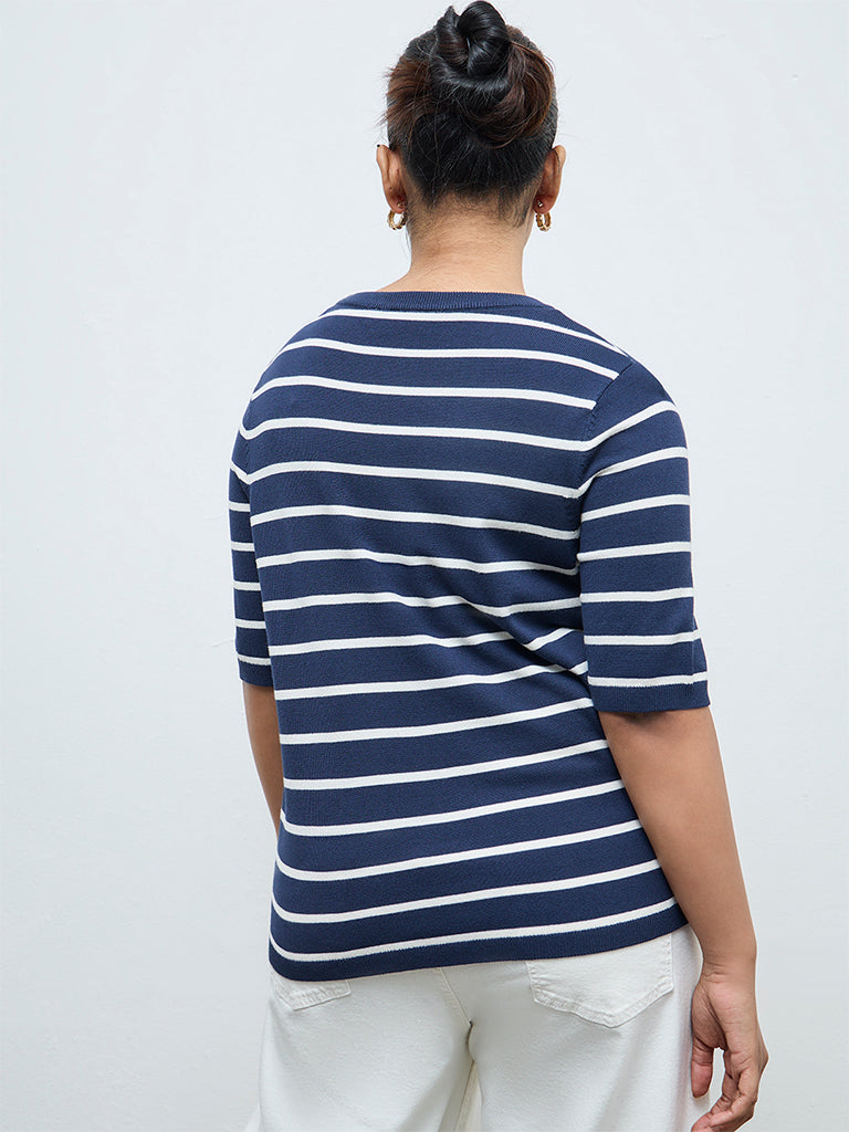 Gia Navy and Cream Striped Knit-Textured Sweater
