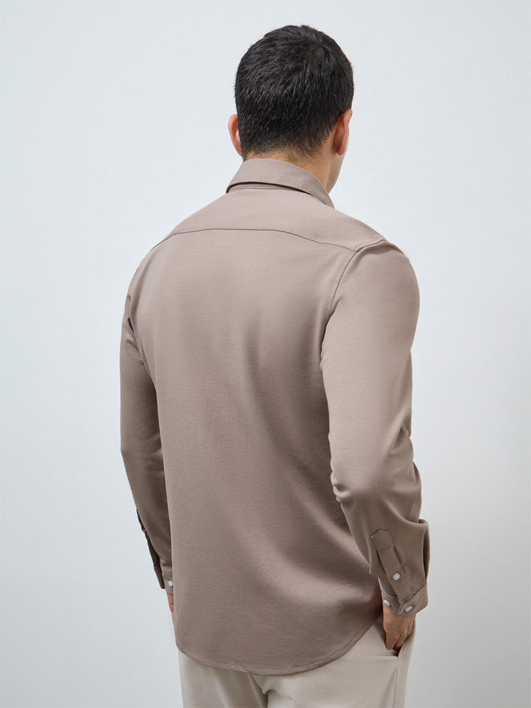 WES Formals Taupe Solid Slim-Fit Cotton-Blend Shirt