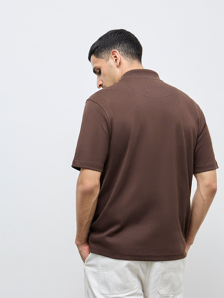 WES Casuals Dark Brown Textured Slim-Fit T-Shirt