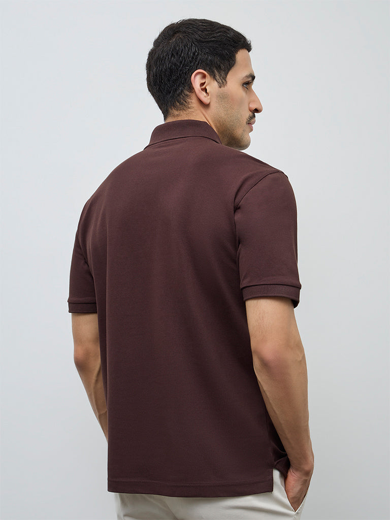 WES Casuals Dark Brown Relaxed-Fit Cotton-Blend Polo T-Shirt