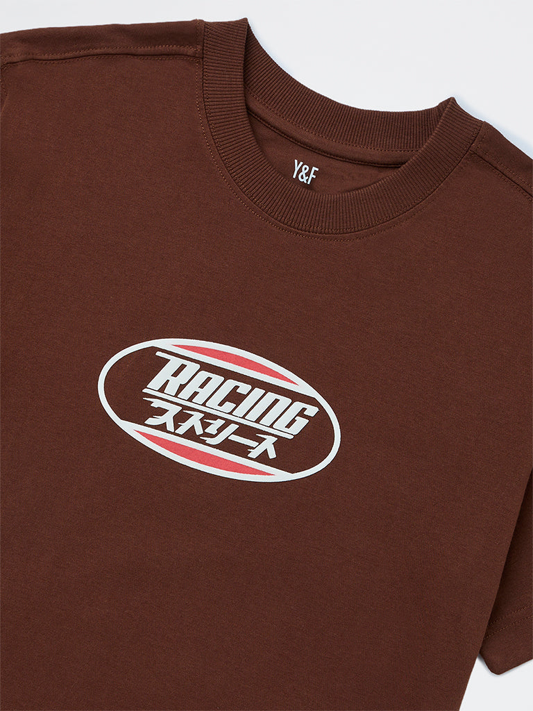 Boys Brown Race-Inspired Printed Cotton T-Shirt