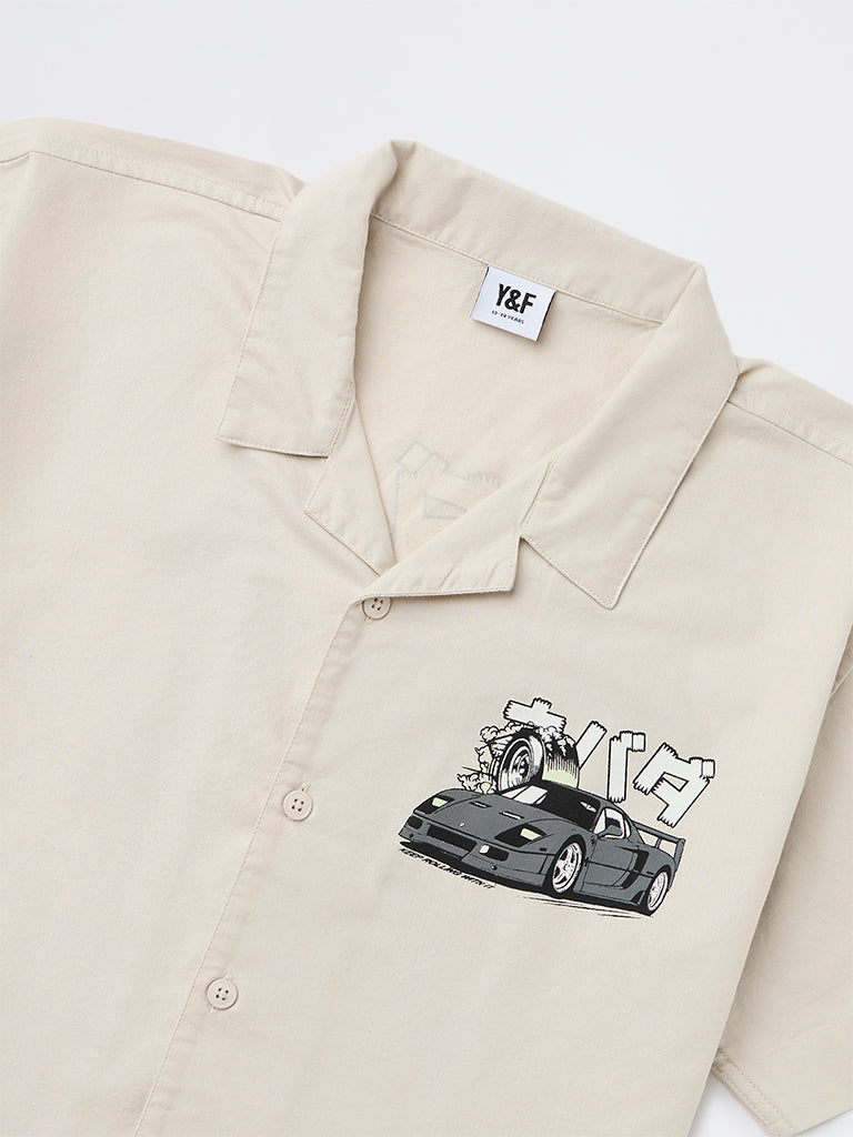 Boys Beige Printed Cotton Shirt