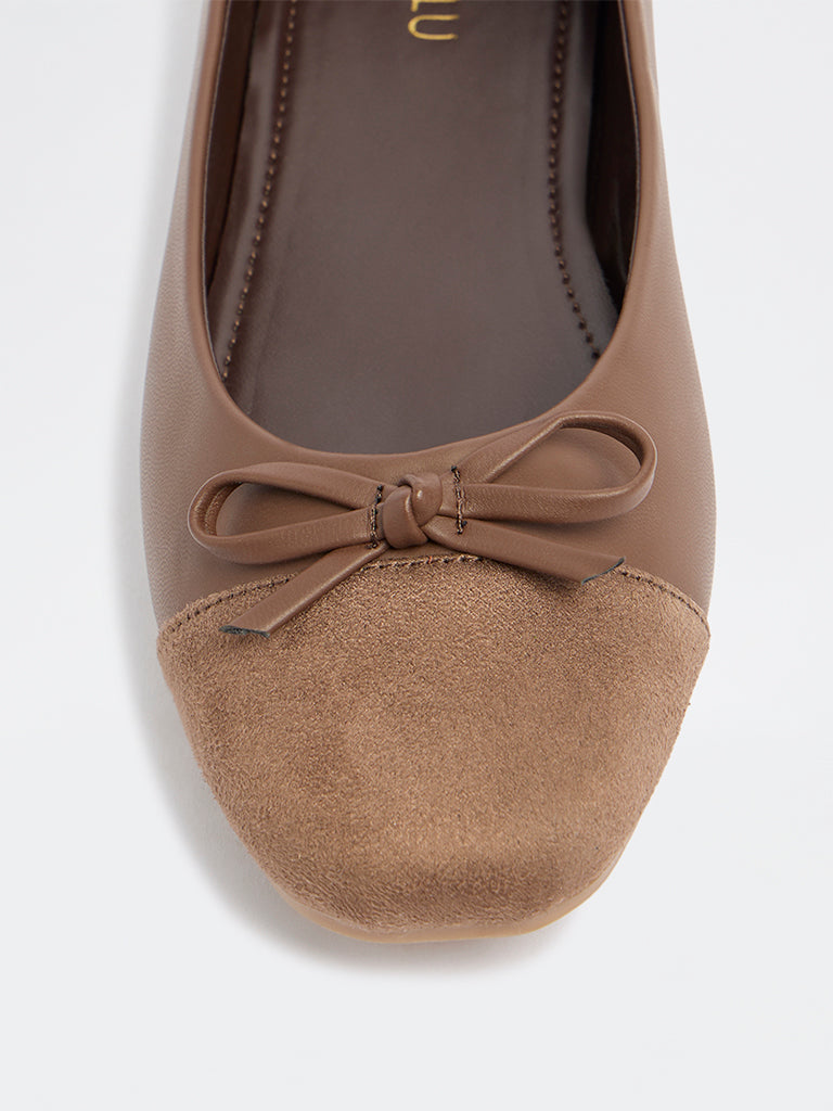 LUNA BLU Brown Suede Bow-Detail Ballerinas