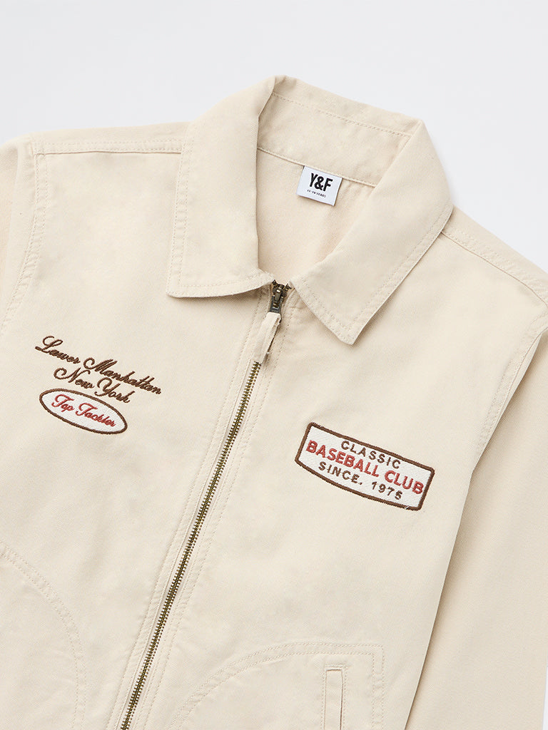 Boys Beige Text Detailed Denim Jacket