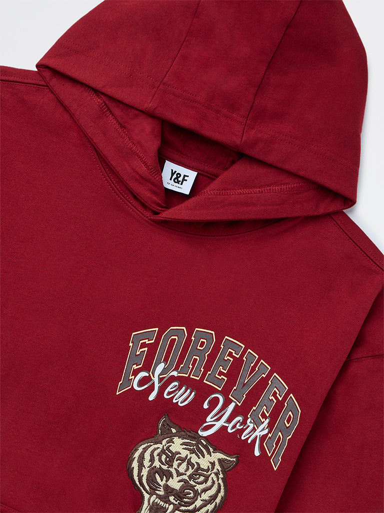 Boys Red Graphic Printed Cotton Hooded Sweatshirt