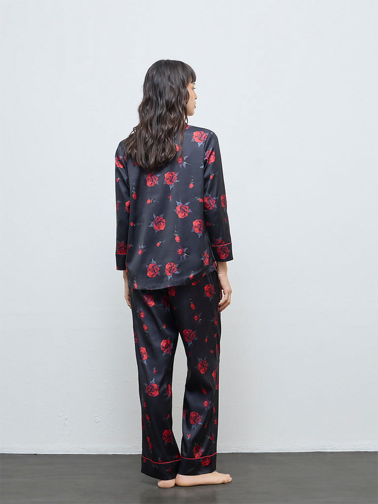 Wunderlove Black Floral Shirt and Pyjamas Set