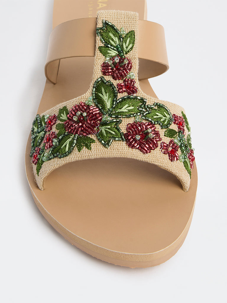 LUNA BLU Beige Floral Sequin Embellished Slides