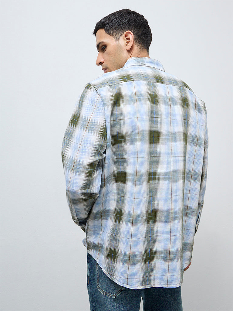 WES Casuals Olive Check Relaxed-Fit Cotton-Blend Shirt