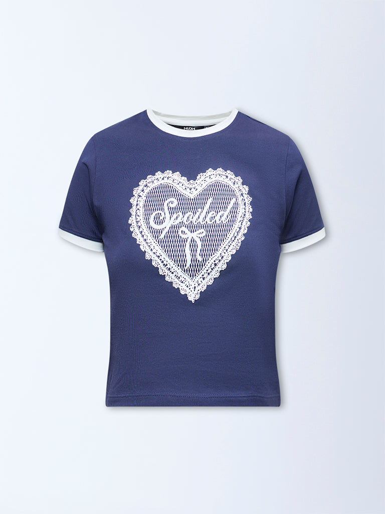 Nuon Navy Heart Printed Cotton-Blend T-Shirt