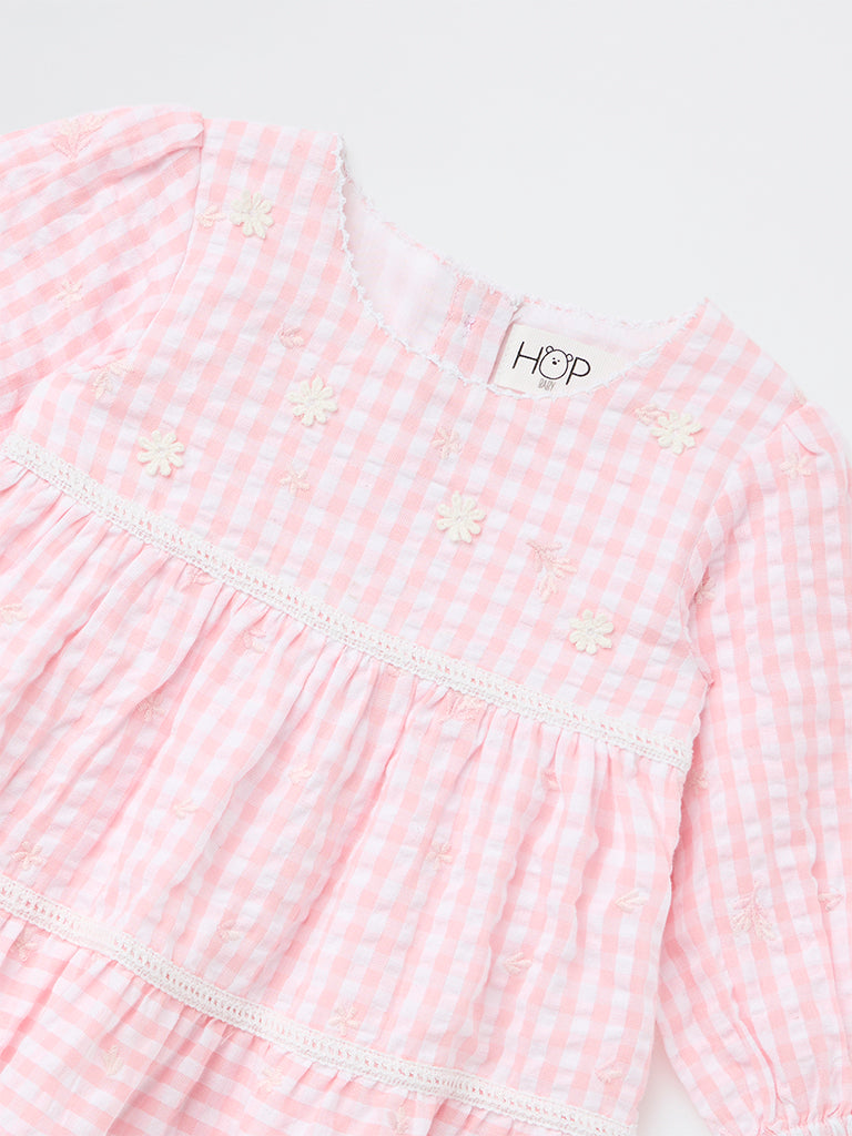 HOP Baby Girls Pink Checkered Tiered Cotton Dress
