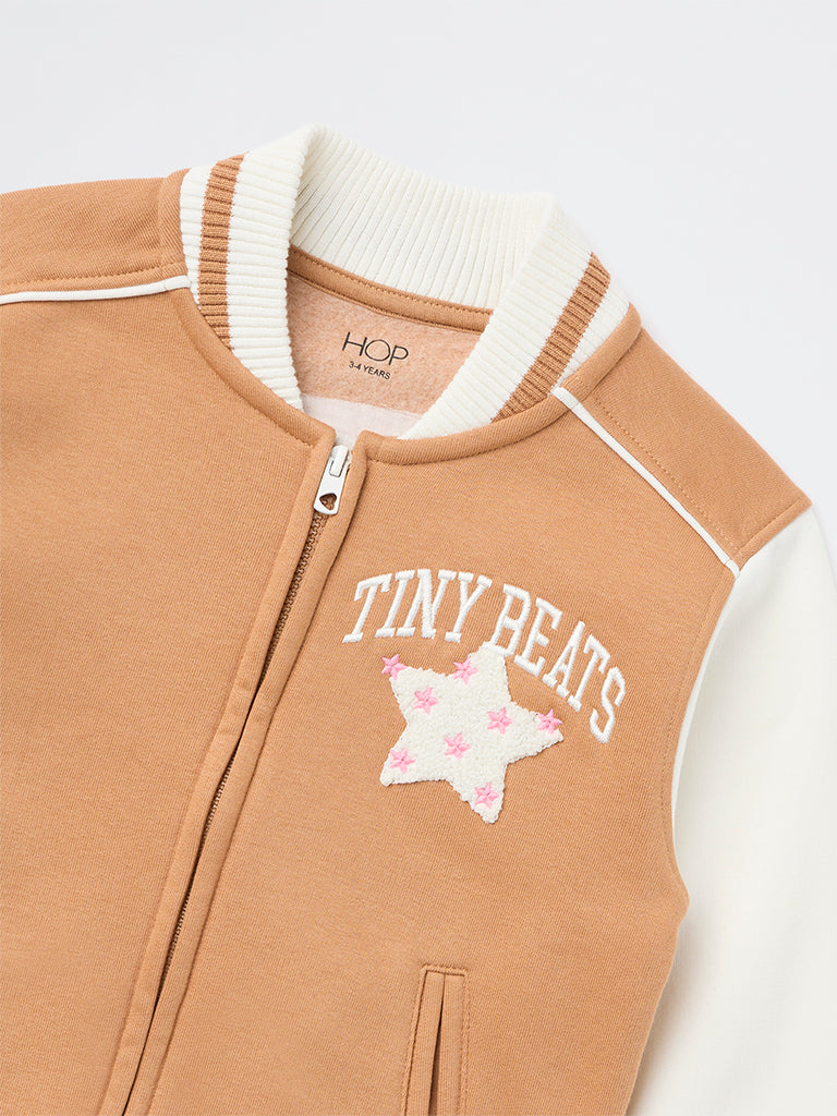 HOP Kids Girls Brown and Off-White Cotton-Blend Bomber Jacket