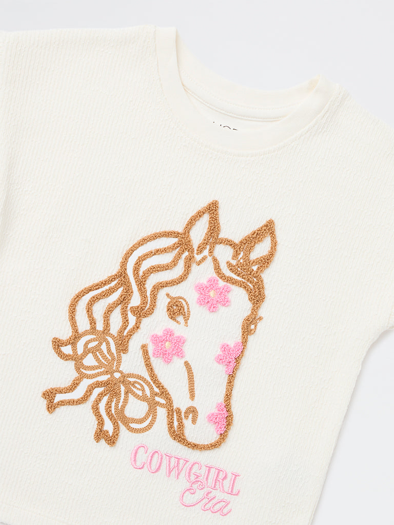 HOP Kids Girls Off-White Embroidered Cotton Top