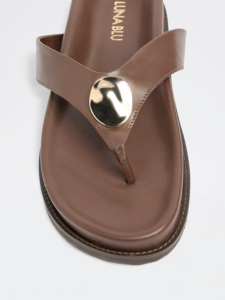 LUNA BLU Brown Metal-Detail Thong Strap Sandals