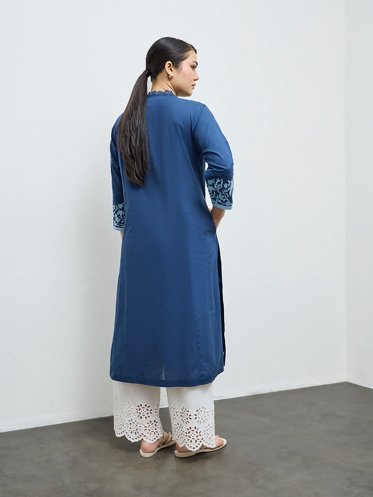 Diza Indigo Floral Embroidered Cotton A-Line Kurta