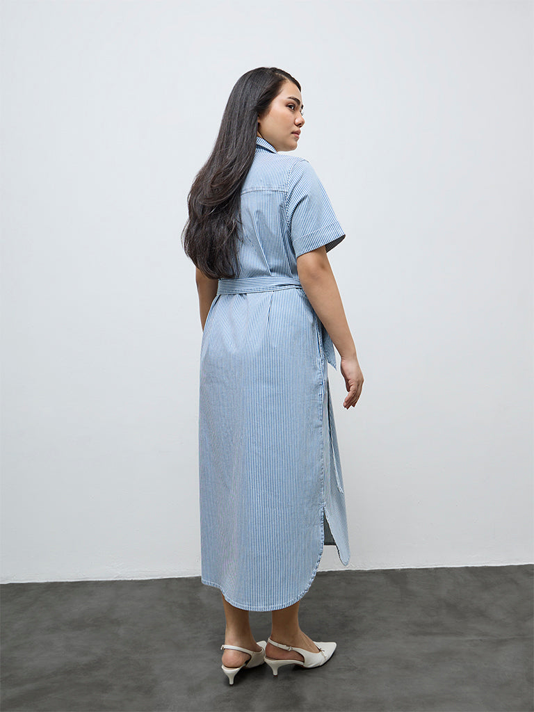 Gia Blue Striped Cotton-Blend Shirt Dress with Belt