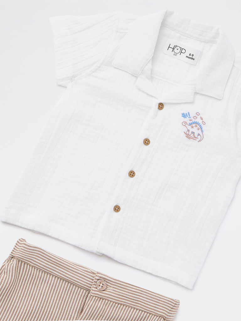 HOP Baby Boys White Crinkle-Textured Cotton Shirt and Shorts Set