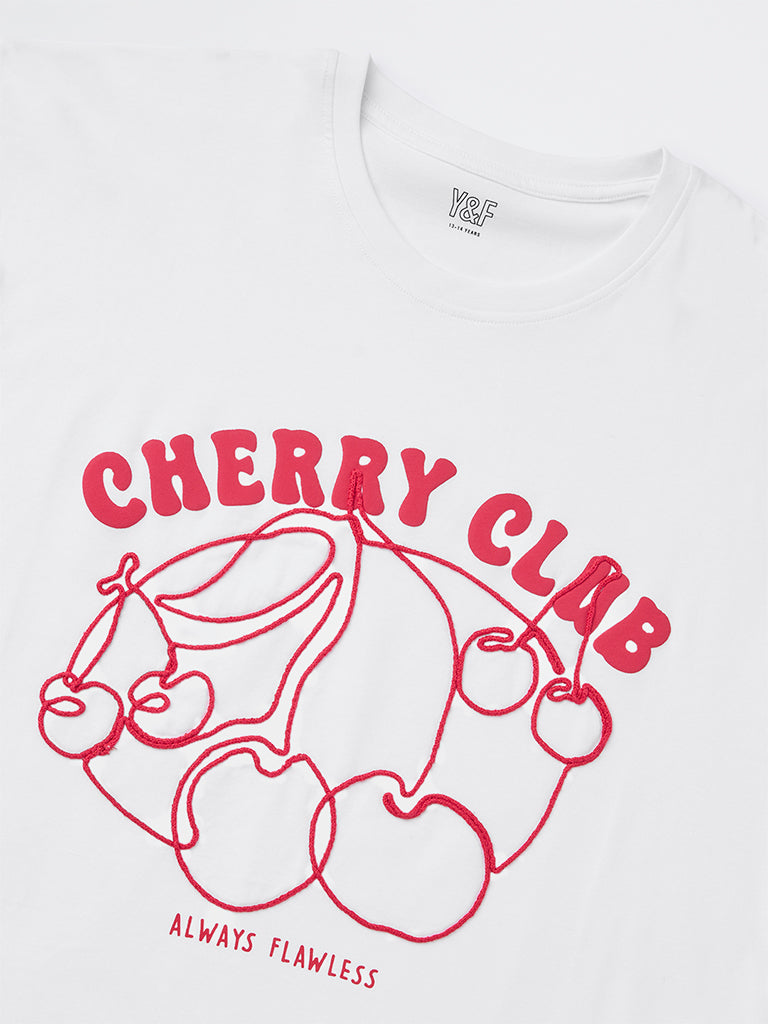 Girls White Text Design Cotton T-Shirt