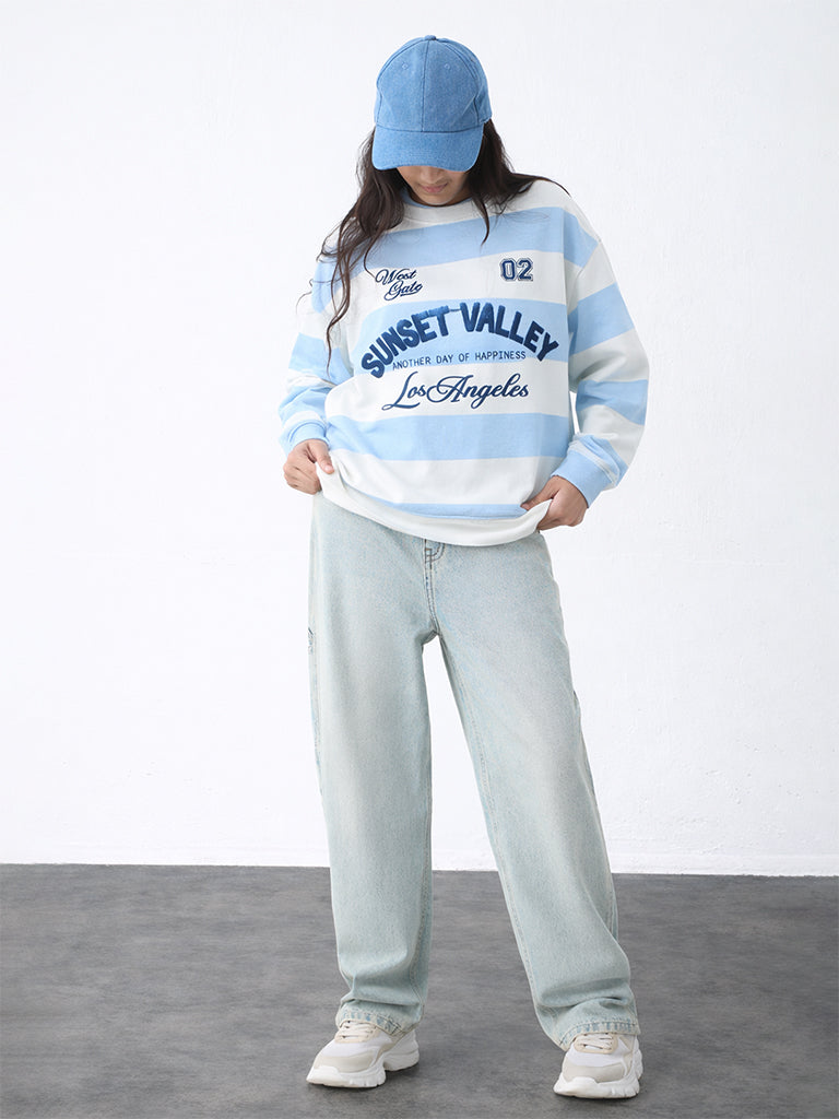 Girls Blue Striped Cotton-Blend Sweatshirt