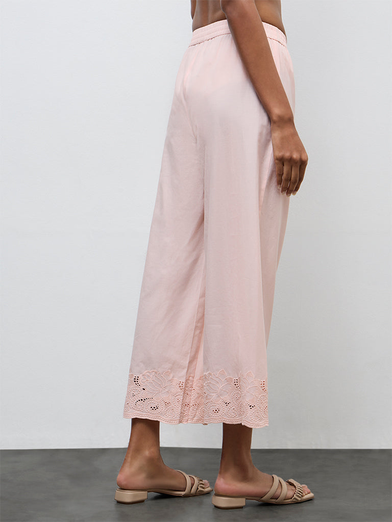 Zuba Peach Floral Embroidered A-Line Cotton Ethnic Set