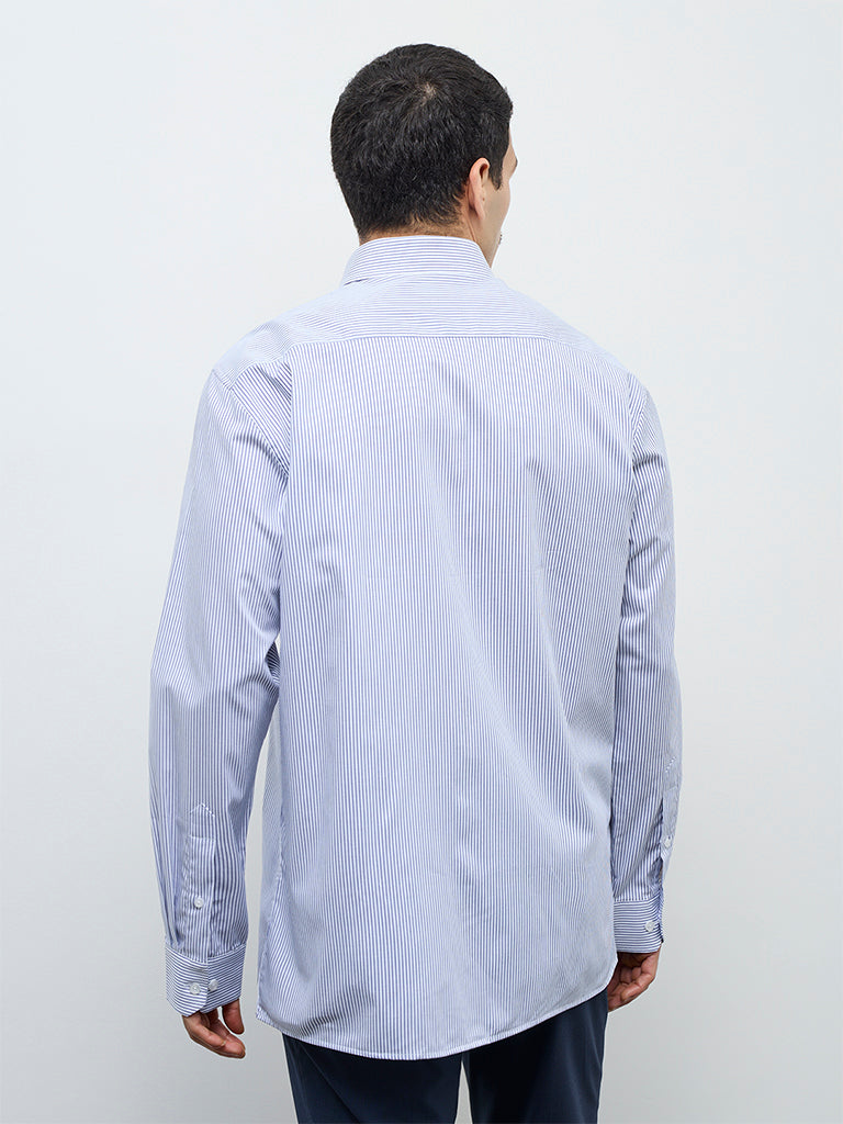 WES Formals Blue Striped Relaxed-Fit Cotton Shirt