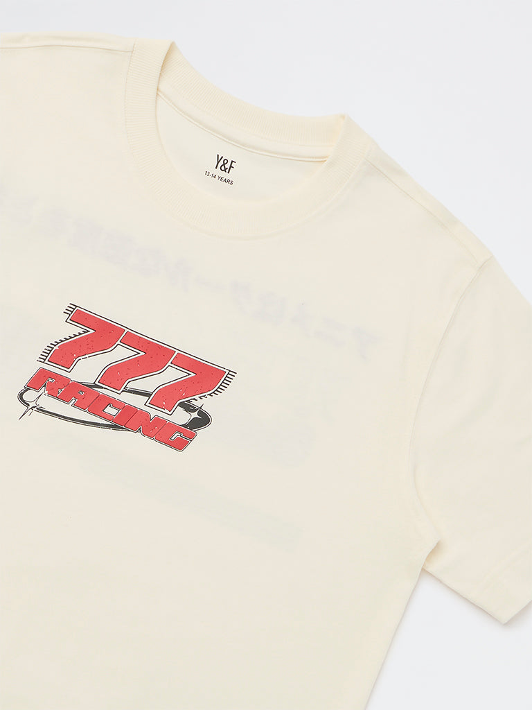 Boys Cream Racer-Inspired Cotton T-Shirt
