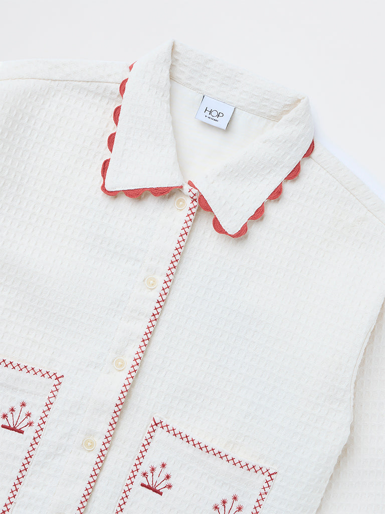 HOP Kids Girls Cream Textured Embroidered Cotton Shirt