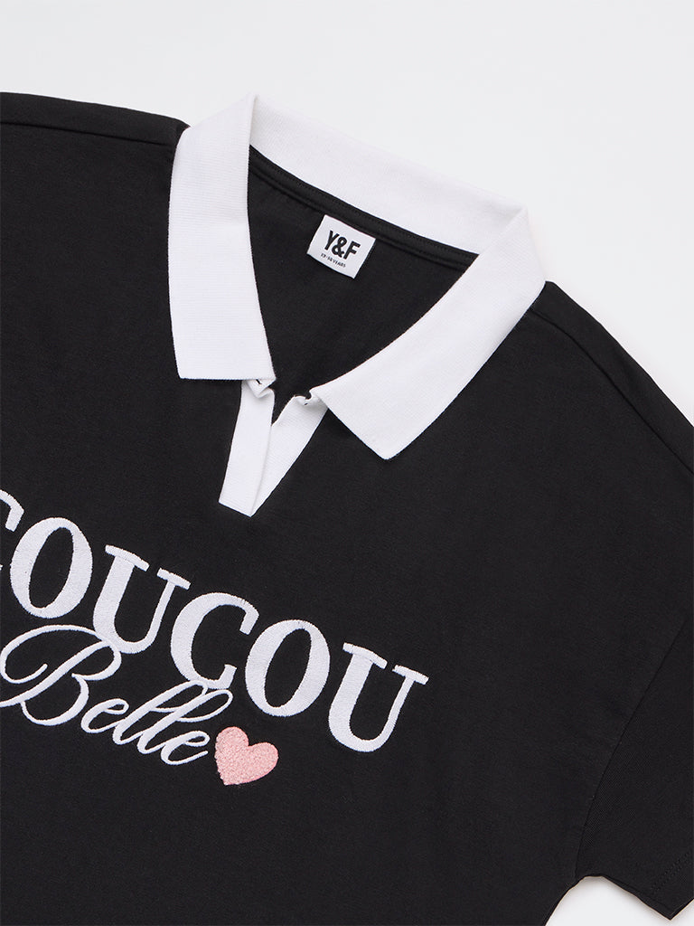 Girls Black Embroidered Cotton T-Shirt