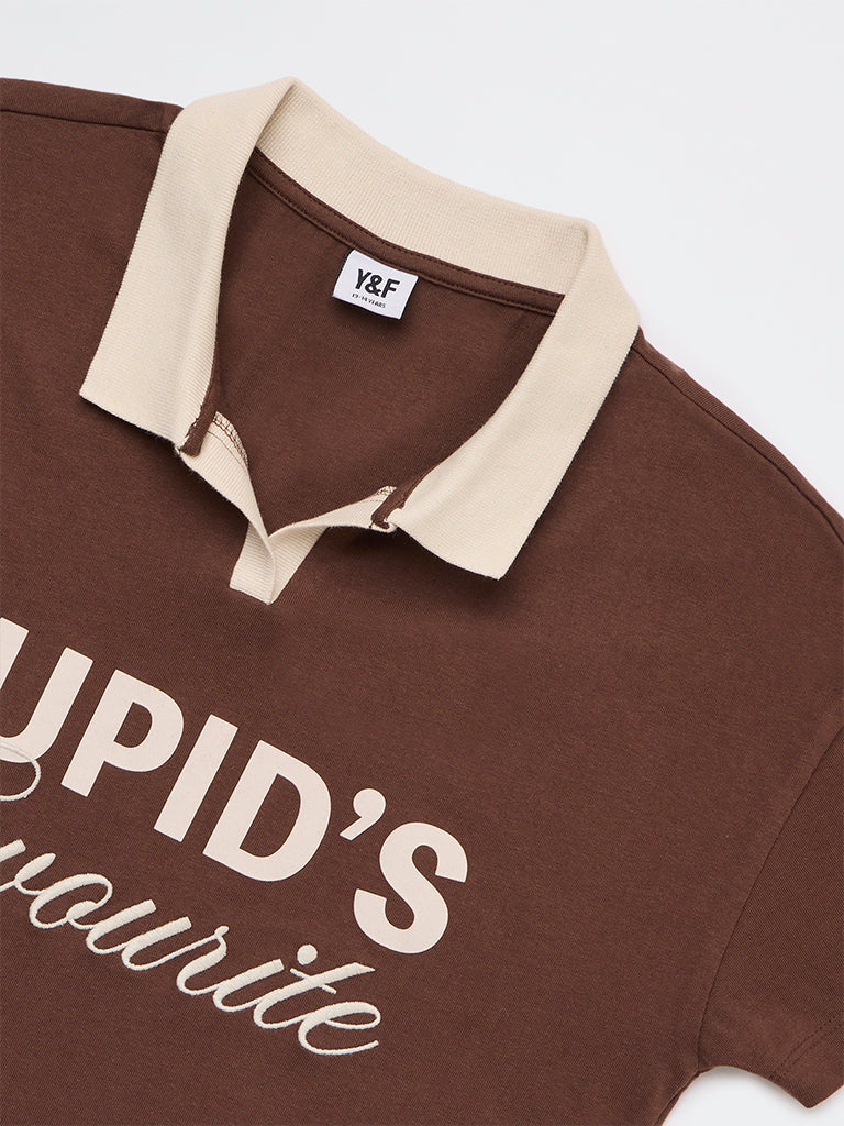Girls Brown Embroidered Cotton T-Shirt