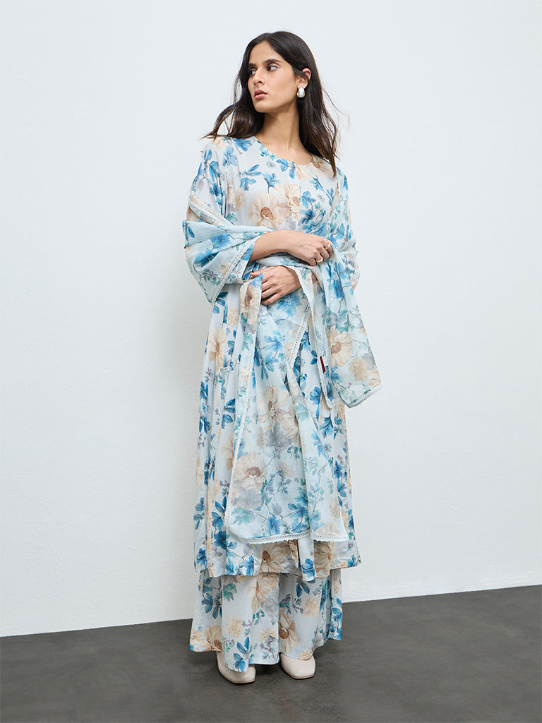 Zuba Blue Floral Pattern Cotton-Blend Dupatta