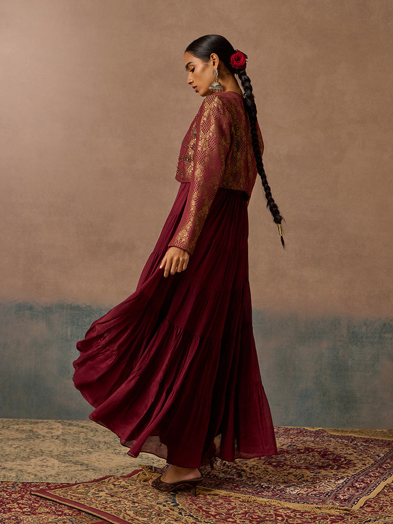 Samoh Maroon Kurta, Jacket and Pants Set