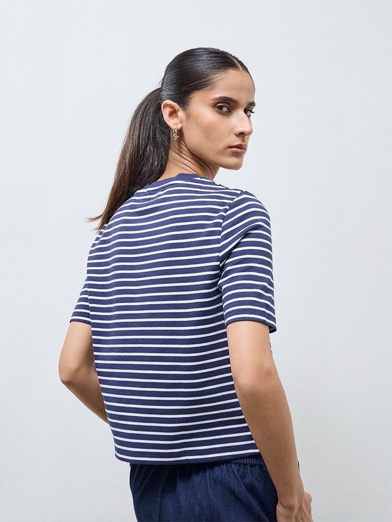 Wardrobe Navy Stripe Pattern Cotton-Blend T-Shirt