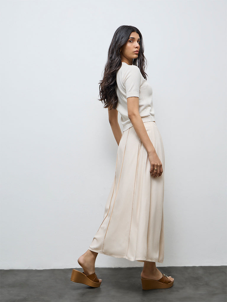 LOV Off-White Solid Linen-Blend Fit-and-Flare Skirt