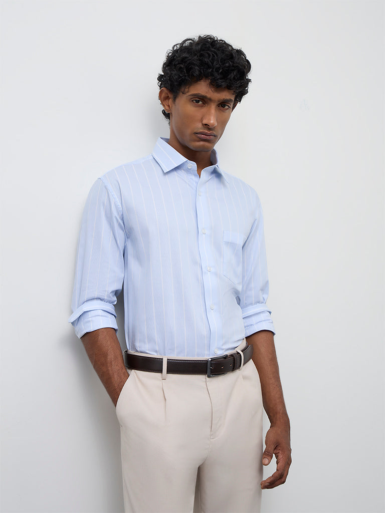 WES Formals Blue Striped Relaxed-Fit Cotton Shirt