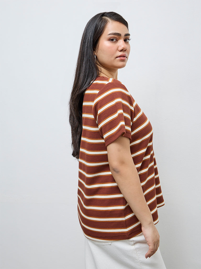 Gia Dark Brown Striped Cotton-Blend T-Shirt